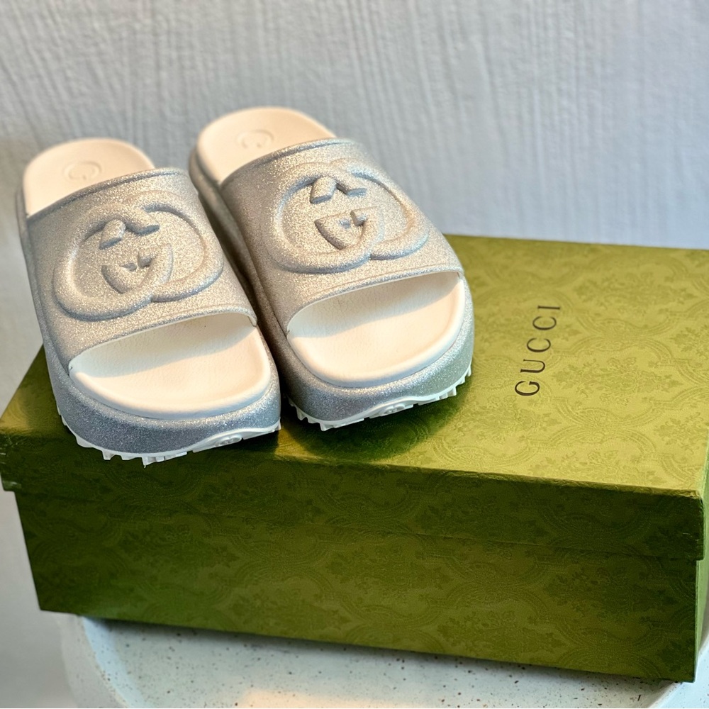 Gucci Metallic Silver Slide Sandals